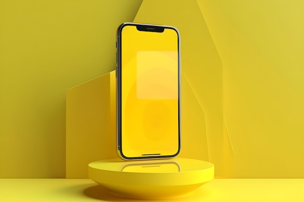 A modern phone with yellow screen on a yellow podium