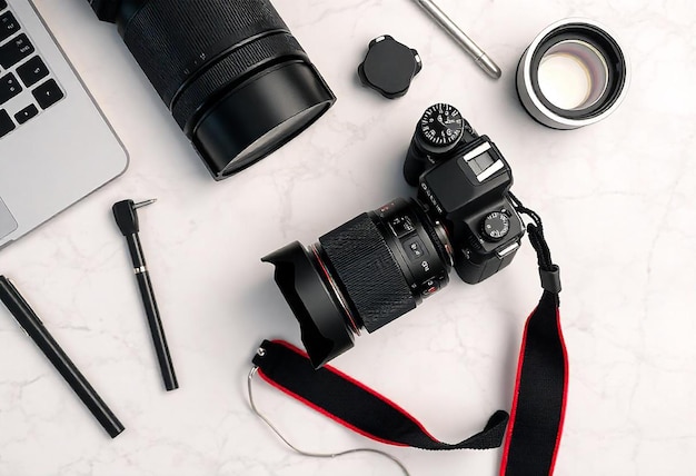 Photo modern photo camera on light grey marble table top view