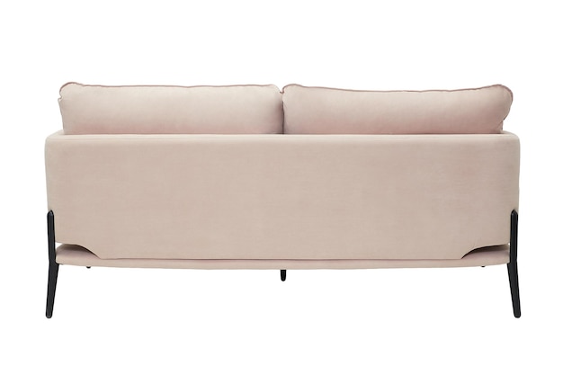 Modern pink fabric couch with black legs isolated on white background back view