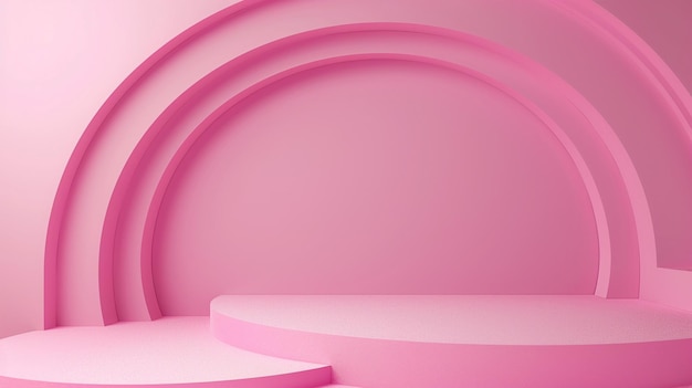 Modern Pink Geometric Shapes Background with Curved Wall and Steps