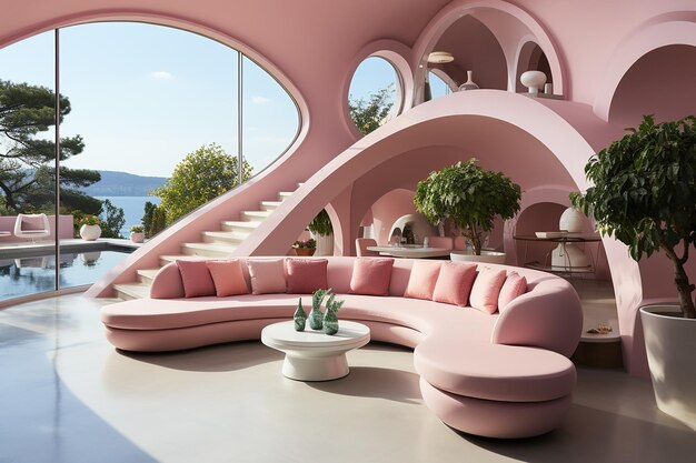 Modern Pink House with Curved Feature Wall and Circular Charm