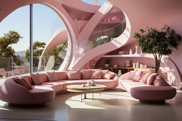 Modern Pink House with Curved Feature Wall and Circular Charm