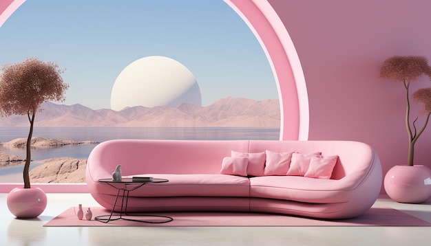 Modern pink living room with comfortable sofa bright nature illustration generated by artificial intelligence