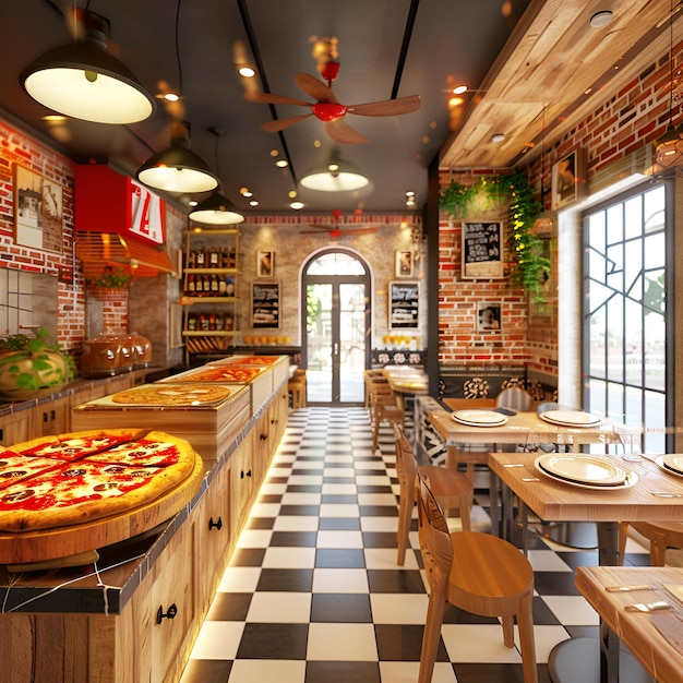 Photo modern pizza burger restaurant interior view management strategy pizza on the wooden table