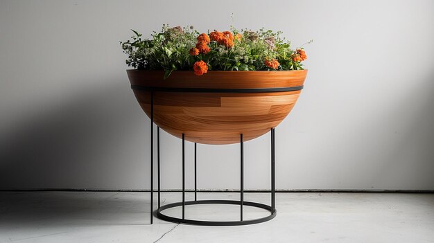 Modern Planter with Lush Orange Flowers on Stand Generative Ai