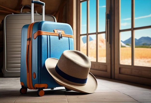 Modern plastic suitcases on wheels in blue and orange with a sun hat near a window in a train station or airport lobby travel concept Generative AI