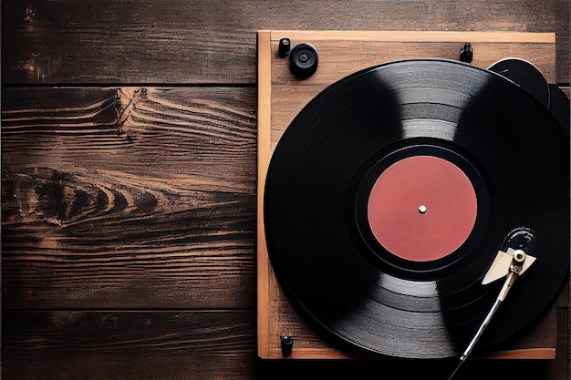 Modern player and vinyl records on wooden background