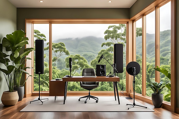 Modern podcast studio or interview room at a home office with a beautiful and calm natural