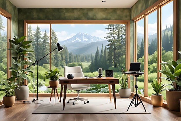 Modern podcast studio or interview room at a home office with a beautiful and calm natural