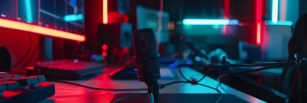 Modern Podcast Studio with Vibrant Neon Lighting A futuristic podcast studio featuring a micr