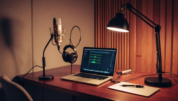 A modern podcasting setup featuring a microphone headphones and laptop