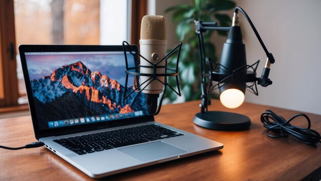 Modern podcasting setup with microphones and laptops for recording