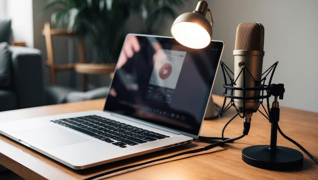 Modern podcasting setup with microphones and laptops for recording