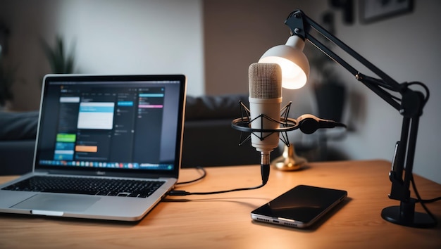 Modern podcasting setup with microphones and laptops for recording