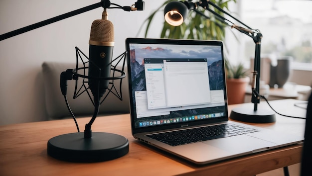 Modern podcasting setup with microphones and laptops for recording