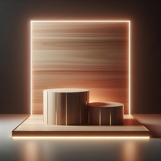 Photo modern podium display crafted from wood and neon light effect product display