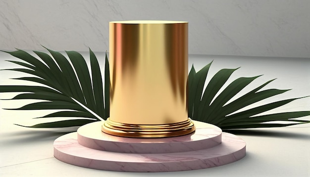 Modern podium display with pink and gold cylinder stand on marble background