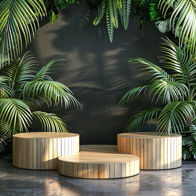 A modern podium for product design backdrop of a tropical forest