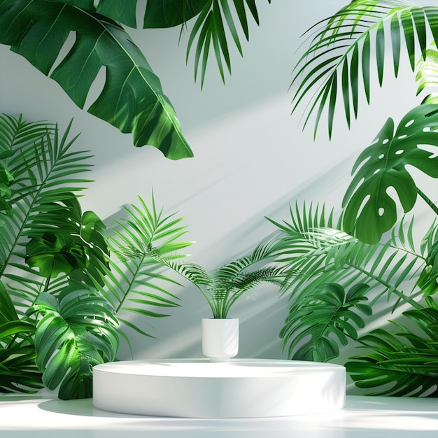 A modern podium for product design backdrop of a tropical forest