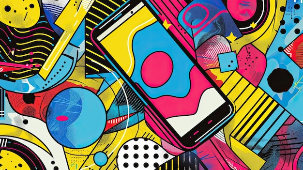 A modern pop art piece with a retro twist depicting a smartphone in vibrant colors surrounded by abstract patterns and shapes