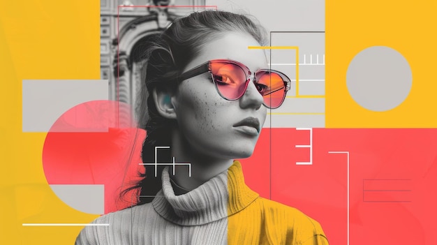 Photo modern portrait of trendy young woman with sunglasses and geometric abstract background