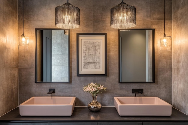 Photo modern powder room with grey tiles large