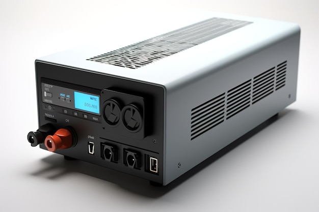 Photo modern power inverter with cooling vents and digital display on a clear png or white background