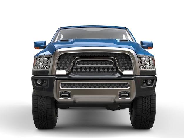 Modern powerful blue pickup truck front view closeup shot