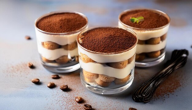 Photo a modern presentation of tiramisu served in elegant glass cups