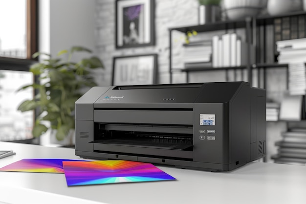 A modern printer with colorful prints displayed on a desk in a stylish home office setting