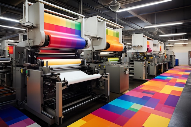 Modern printing press creates colorful documents indoors