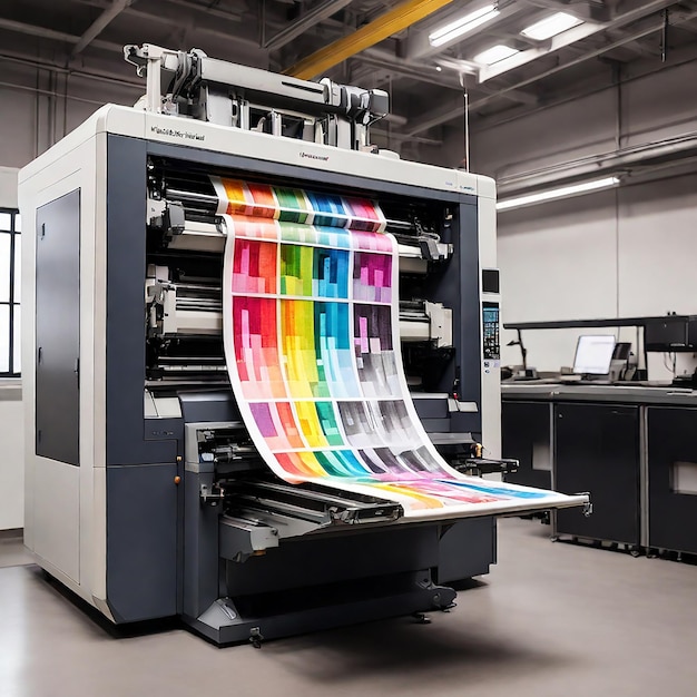 Modern Printing Press Producing Multicolored Printouts