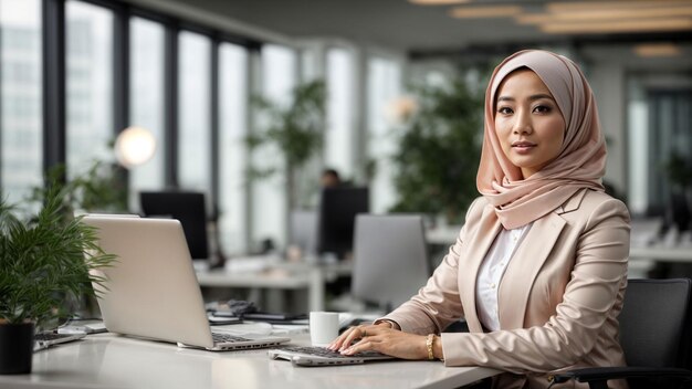 Modern Professionalism Create a stunning stock photo featuring an Asian businesswoman wearing a hij