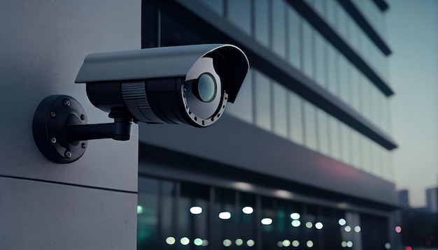 Modern public CCTV camera on wall with blur building background Recording cameras for monitoring all day and night