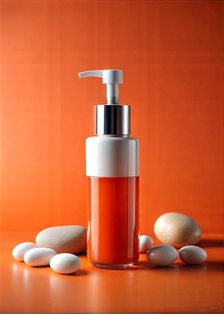 Modern Pump Bottle with Orange Liquid on Vibrant Background