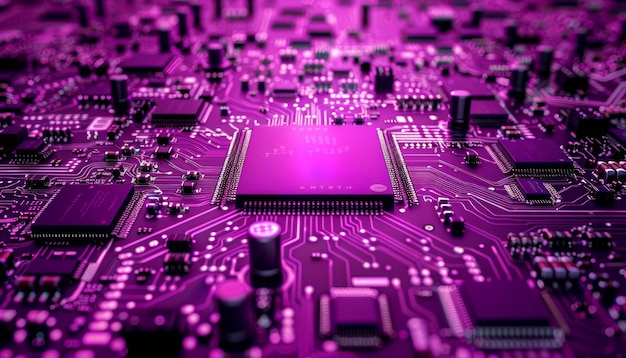 Modern Purple Circuit Board Close Up with Intricate Electronic Components and Microprocessor High