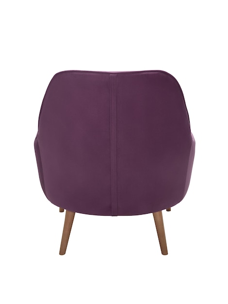 modern purple fabric armchair with wooden legs isolated on white background back view