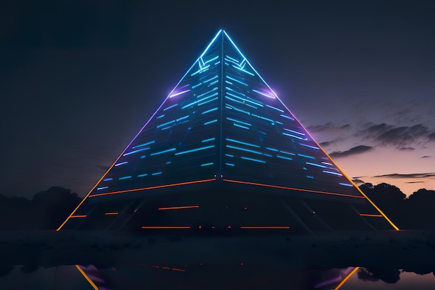 Modern pyramid with lights at night Generative AI