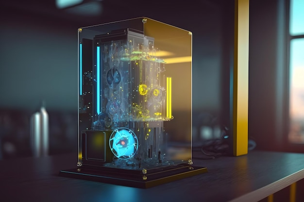 Modern quantum computer in a glass case Neural network AI generated