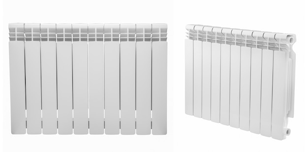 Modern radiator on white background. household bimetallic batteries from different angles