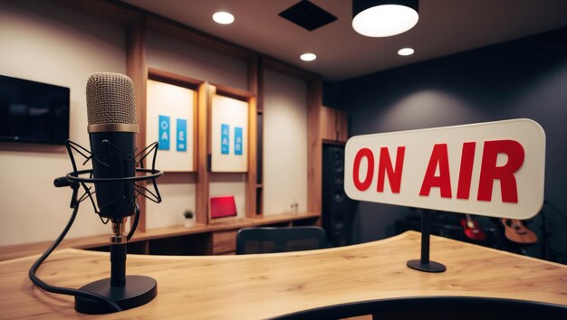 Photo a modern radio studio setup with microphones and an on air sign