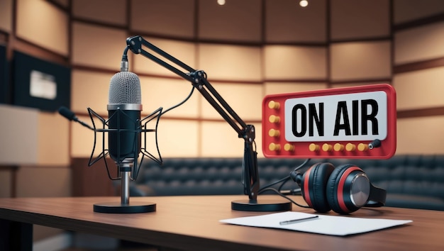 Photo a modern radio studio setup with microphones and an on air sign