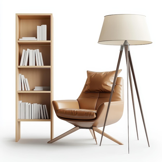 A modern reading nook featuring a bookshelf stylish chair and floor lamp