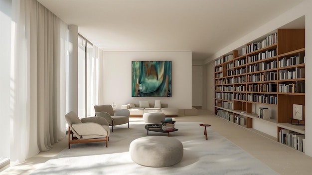 modern reading room bathed in soft natural light White walls