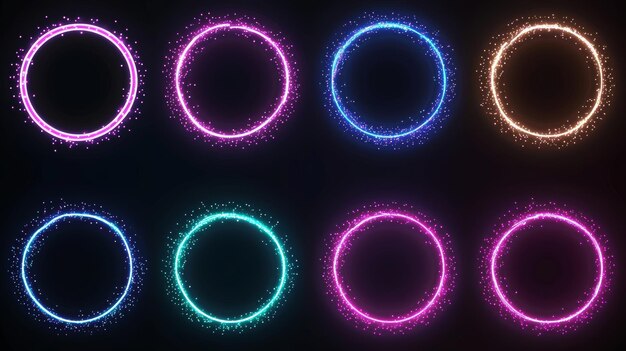 Modern realistic illustration of turquoise purple pink rings glowing in darkness on a transparent background with a cloud of mist