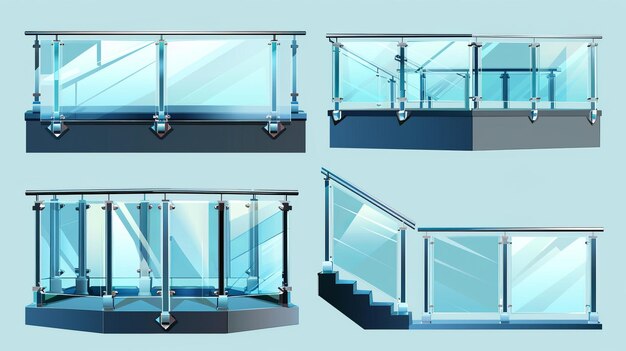 Photo modern realistic mockup of different sections of clear acrylic fence with metal railing isolated on transparent background front and angle views of glass balustrade with iron banister