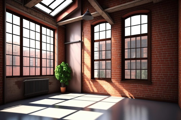 Modern red brick loft with window and sunlight