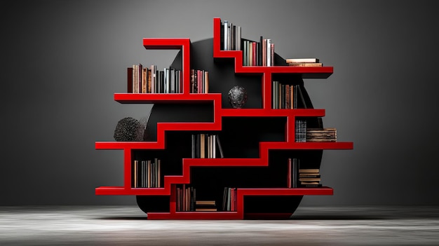 Photo modern red geometric bookshelf with asymmetrical shelves