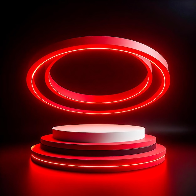 Modern red light round podium and black background with 3d studio for mock up