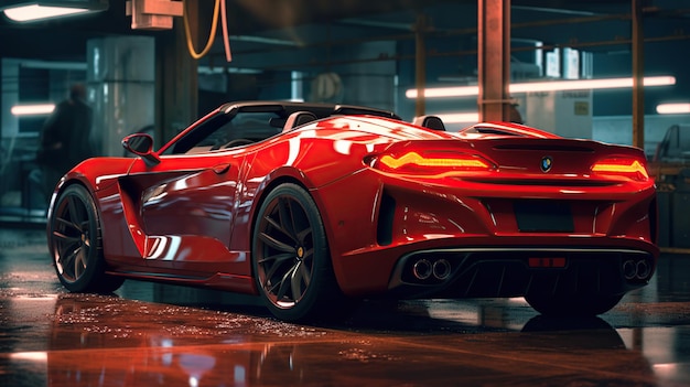 modern red sports car seen from the back side in garage